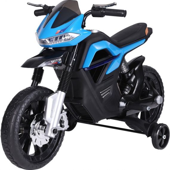HOMCOM Moto électrique pour enfants 25 W 6 V 3 Km/h effets lumineux et sonores roulettes amovibles bleu 3662970048320 370-068BU