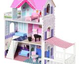 HOMCOM Maison de poupée en bois  jeu d'imitation grand réalisme  3 étages avec escalier et cour  meubles et accessoires inclus  86 x 30 x 87 cm rose 350-077 3662970073988