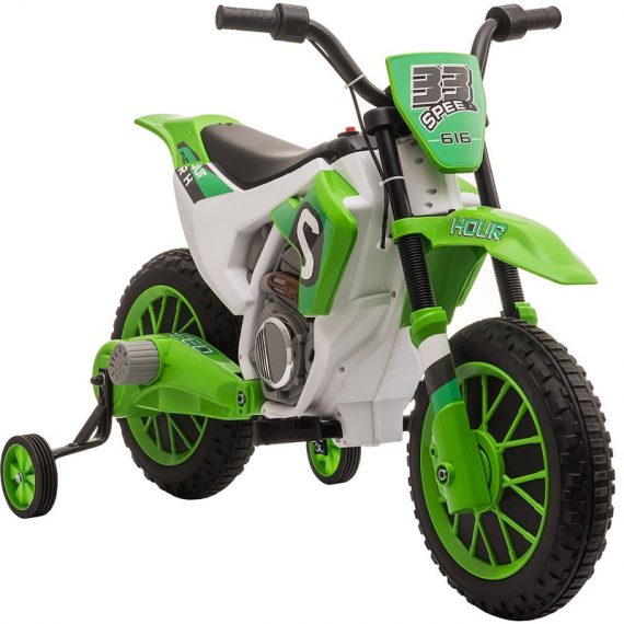 HOMCOM Moto Cross électrique pour Enfant 3 à 5 Ans 12 V 3-8 Km/h avec roulettes latérales Amovibles dim. 106,5L x 51,5l x 68H cm Vert 370-165V90GN 3662970092033